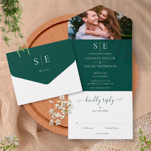 Invitation Tout En Un Mariage photo Emerald Green Et Gold Monogram
