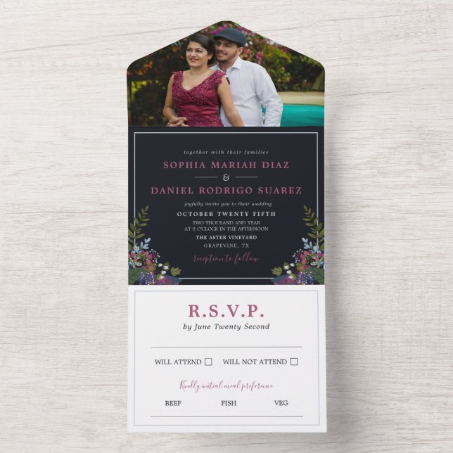 Invitation Tout En Un Mariage photo Feuille Blue Burgundy Olive (À l'intérieur)