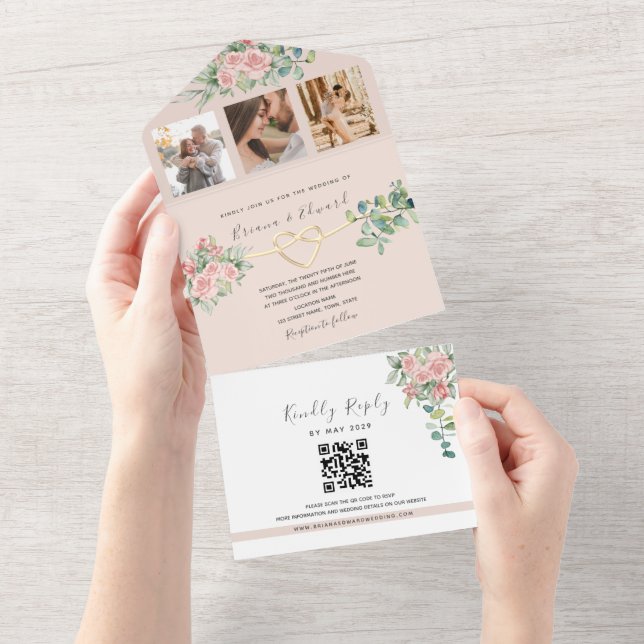 Invitation Tout En Un Mariage photo floral élégant du code QR (Déchirure)