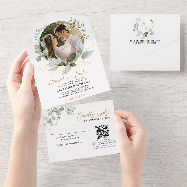 Invitation Tout En Un Mariage photo Gold and Greenery Eucalyptus QR Code (Créateur téléchargé)