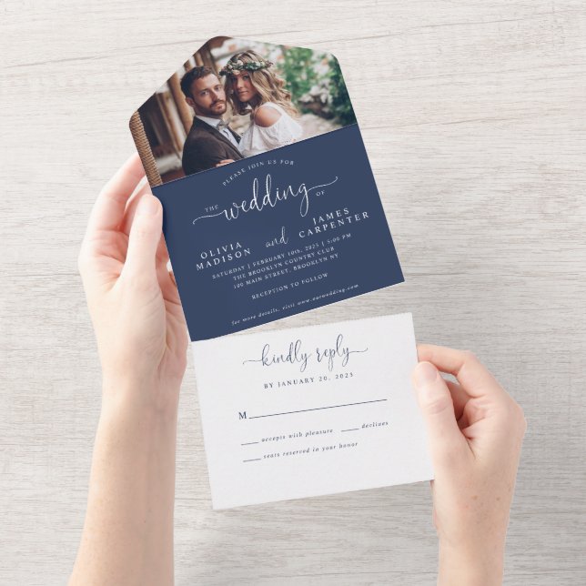 Invitation Tout En Un Mariage photo moderne Blue Elegant Chic Script (Déchirure)
