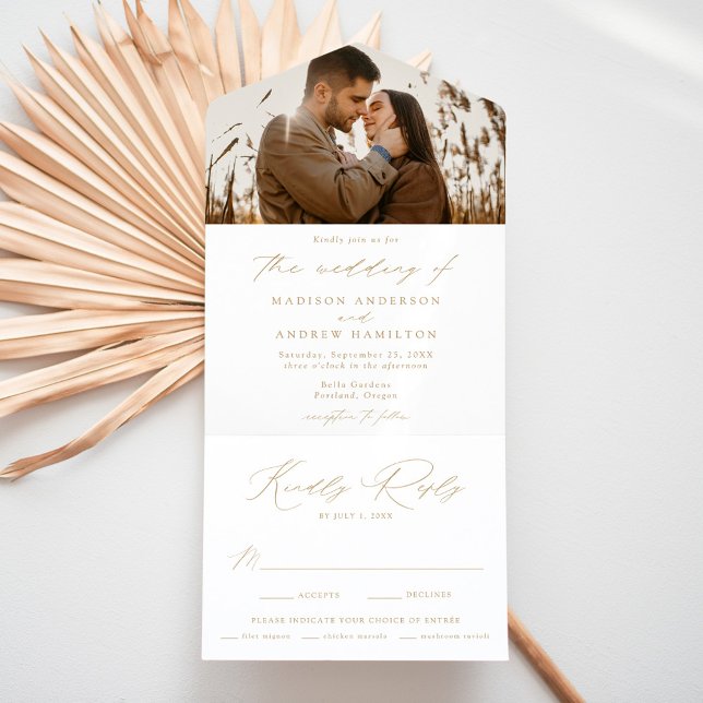 Invitation Tout En Un Mariage photo moderne Elegant Gold Script (Créateur téléchargé)