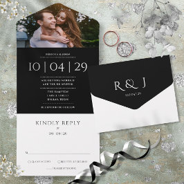 Invitation Tout En Un Mariage photo Monogramme noir et blanc Date