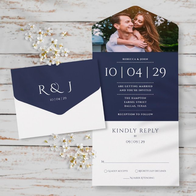 Invitation Tout En Un Mariage photo Navy Blue Elegant Monogram Date (Créateur téléchargé)