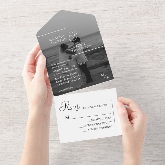 Invitation Tout En Un Mariage photo noir simple moderne (Déchirure)
