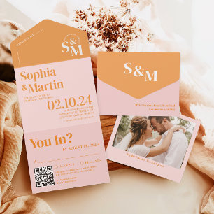 Invitation Tout En Un Mariage photo Retro Summer Pink et Orange