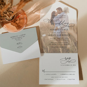 Invitation Tout En Un Mariage photo rustique Sage Green