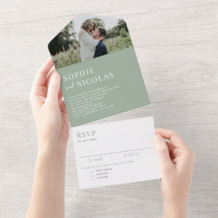 Invitation Tout En Un Mariage photo Sage Green Modern Handwriting