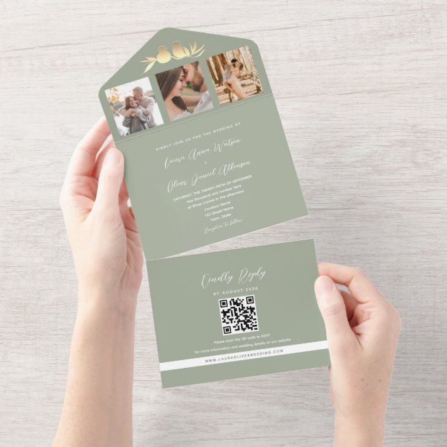 Invitation Tout En Un Mariage photo Sage Green QR Code (Déchirure)
