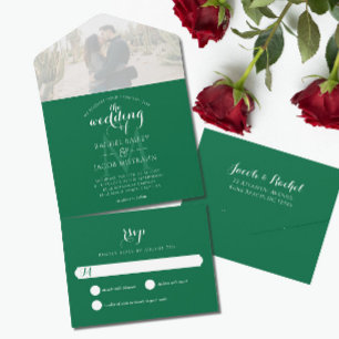 Invitation Tout En Un Mariage photo simple Monogramme vert foncé