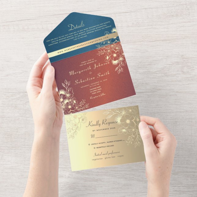 Invitation Tout En Un Mariage photo turquoise Gold Floral (Déchirure)