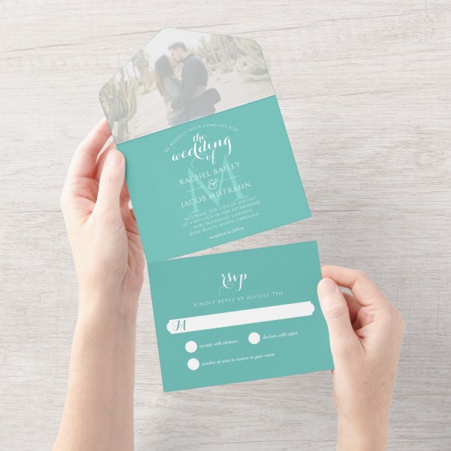 Invitation Tout En Un Mariage photo Turquoise Monogramme simple (Déchirure)