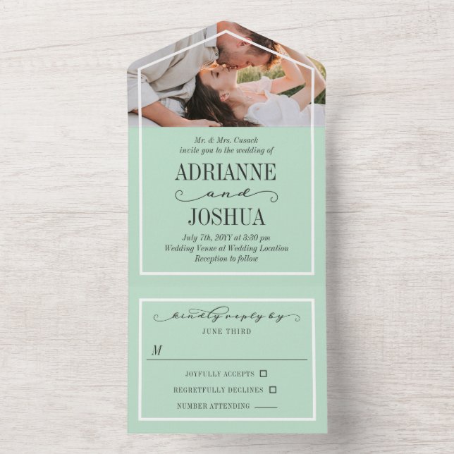 Invitation Tout En Un Mariage photo vert de Monnaie romantique (À l'intérieur)