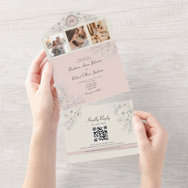 Invitation Tout En Un Mariage photo vintage rose vierge (Déchirure)