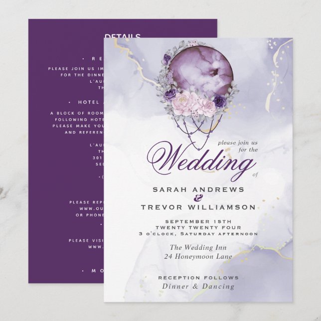Invitation Tout en un Mariage Pleine lune céleste Améthyste I (Devant / Derrière)