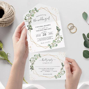 Invitation Tout En Un Mariage plié géométrique Feuille Eucalyptus