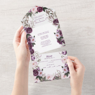 Invitation Tout En Un Mariage Plum violet Pink Peonies