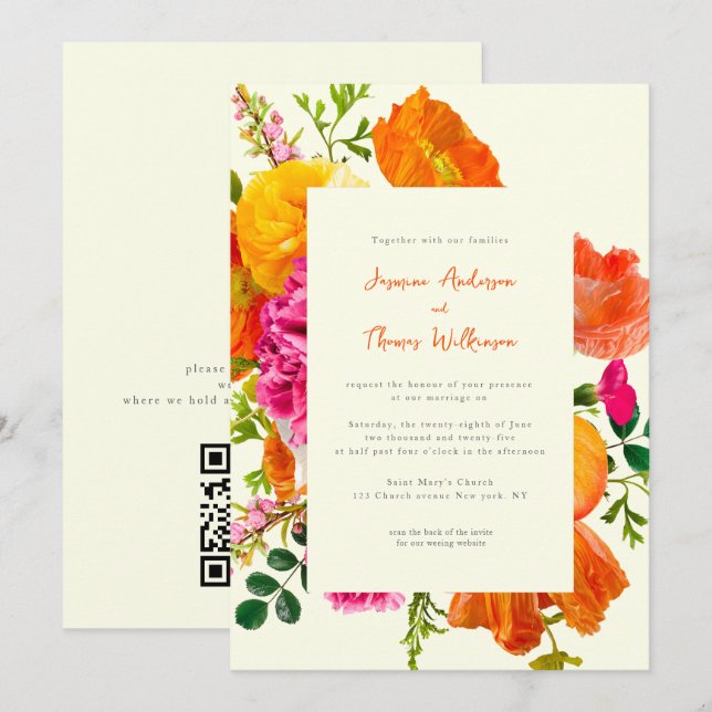 Invitation tout en un mariage qr code orange pavot mariage (Devant / Derrière)