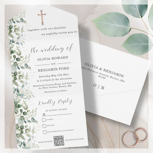 Invitation Tout En Un Mariage religieux | Code QR Eucalyptus (Créateur téléchargé)
