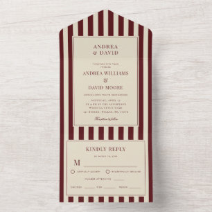 Invitation Tout En Un Mariage Rétro avec Bordure Rayée Ivoire et Bourgog