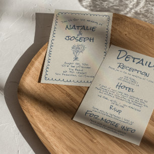 Invitation Tout en Un Mariage rétro bleu marine Dessin à la m