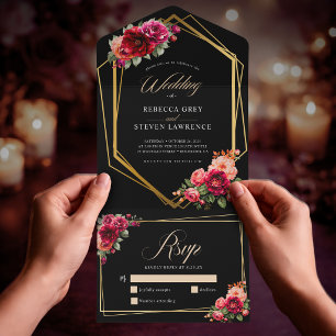 Invitation Tout En Un Mariage romantique élégant floral rouge noir d'amb