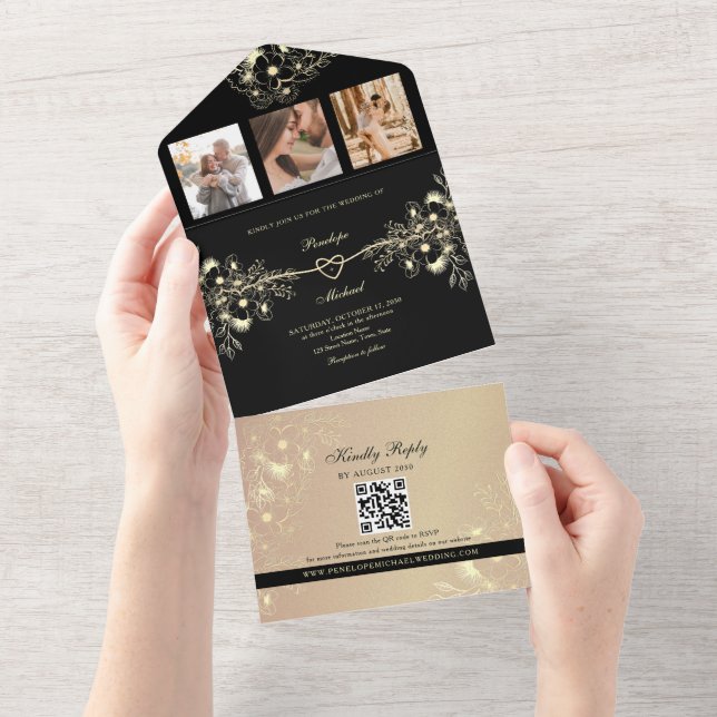 Invitation Tout En Un Mariage romantique noir et or (Déchirure)
