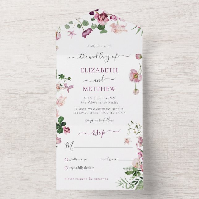 Invitation Tout En Un Mariage rose et violet tout en un (À l'intérieur)