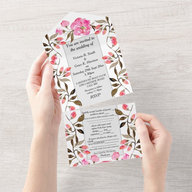 Invitation tout en un mariage - Rose floral rose d (Déchirure)