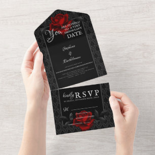 Invitation Tout En Un Mariage Rose Gothique Noir Damassé