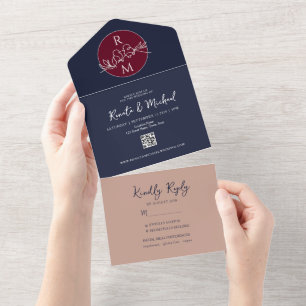 Invitation Tout En Un Mariage Rouge Bourgeois et Bleu Marine