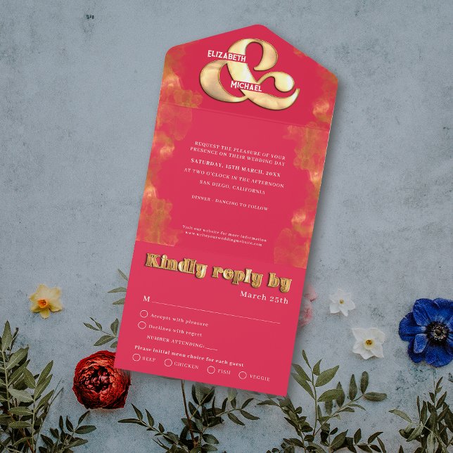 Invitation Tout En Un Mariage RSVP Gras Élégant Or Et Rose Magenta (Créateur téléchargé)