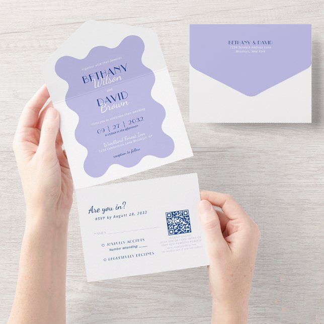 Invitation Tout En Un Mariage RSVP Lavender et Blue Wave QR Code RSVP (Créateur téléchargé)