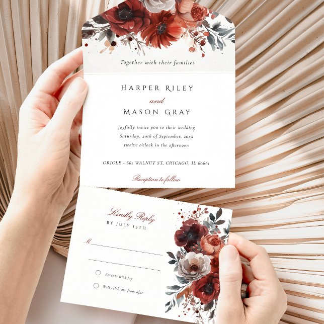 Invitation Tout En Un Mariage RSVP Marsala Bloom (Créateur téléchargé)