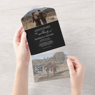 Invitation Tout En Un Mariage RSVP minimaliste de code QR noir blanc