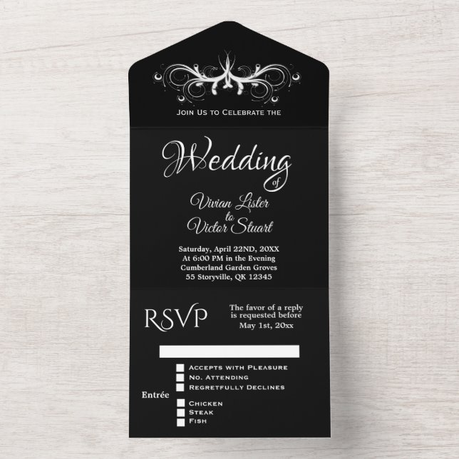 Invitation Tout En Un Mariage Rsvp noir et blanc classique (À l'intérieur)