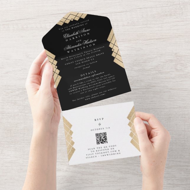 Invitation Tout En Un Mariage RSVP Premium Onyx Gold Gatsby QR CODE (Déchirure)