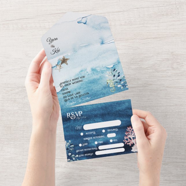 Invitation Tout En Un Mariage RSVP RSVP complet pour l'océan rustique (Déchirure)