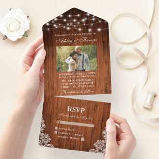 Invitation Tout En Un Mariage rustique Bois Chaîne Lumières Dentelle Pho