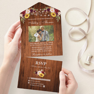 Invitation Tout En Un Mariage rustique Bois Lumières Florales