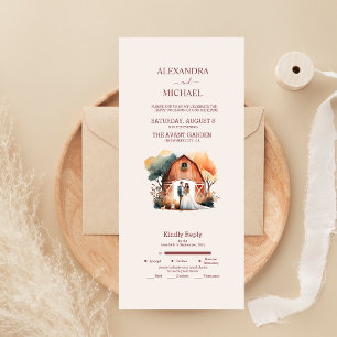 Invitation Tout En Un Mariage rustique dans une grange à l'aquarelle