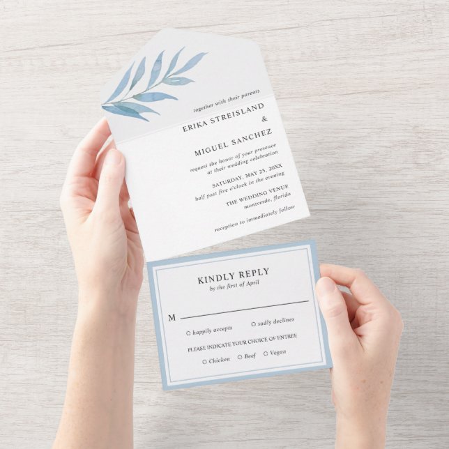 Invitation Tout En Un Mariage rustique Dusty Bleu Botanique Élégant (Déchirure)