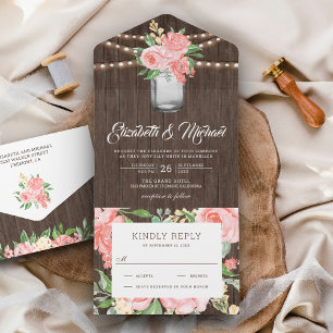 Invitation Tout En Un Mariage Rustique en Bois avec Pot Mason Floral Ros