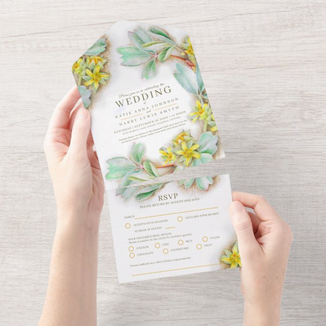 Invitation Tout En Un Mariage sibbaldia jaune floral aquarelle (Déchirure)