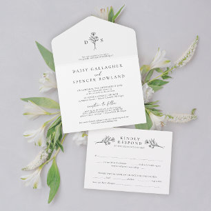 Invitation Tout En Un Mariage simple de monogramme floral noir et blanc