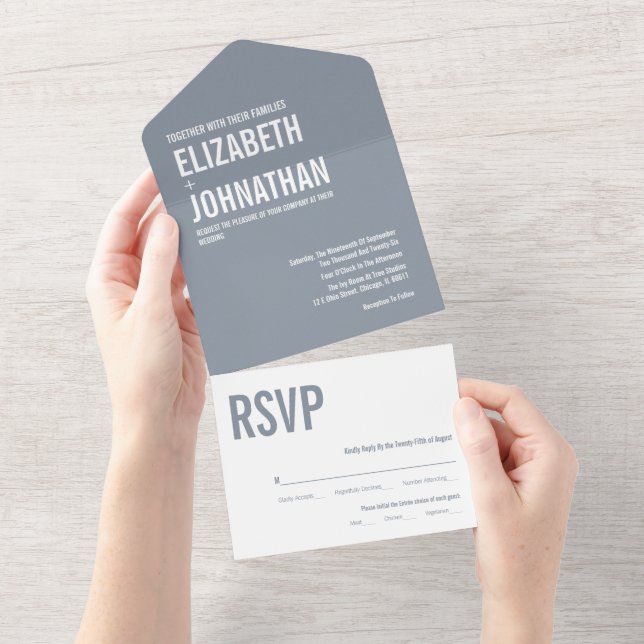 Invitation Tout En Un Mariage simple Dusty Blue Typography (Déchirure)
