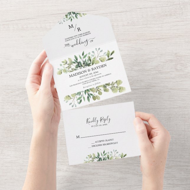 Invitation Tout En Un Mariage simple Emerald Floral Botanique Eucalyptus (Déchirure)