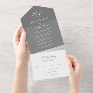 Invitation Tout En Un Mariage simple Monogramme gris élégant
