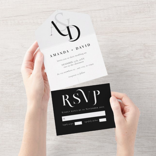 Invitation Tout En Un Mariage simple noir et blanc minimal (Déchirure)