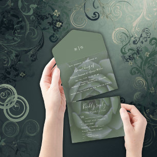 Invitation Tout En Un mariage succulent de monogramme vert sauge